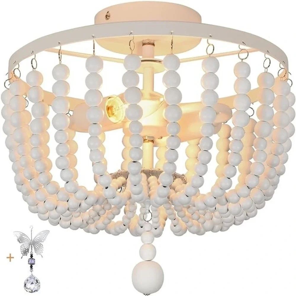 Boho Wood Bead Chandelier White Style Hanging Light Fixture Bohemia 12x13